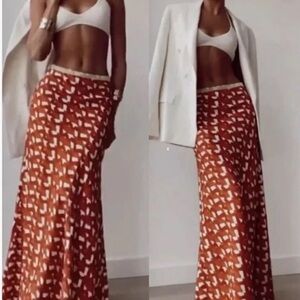 Zara | Linen Blend Terracotta & Cream Printed Maxi Skirt | Size XS